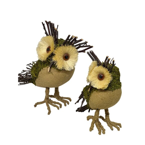 VTG Set of 2 Straw Owl Christmas Tree Ornaments Woodland Bird Burlap Moss Decor - Picture 5 of 7